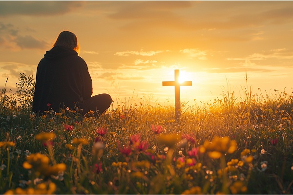 person sitting in flower field with a cross in front of them